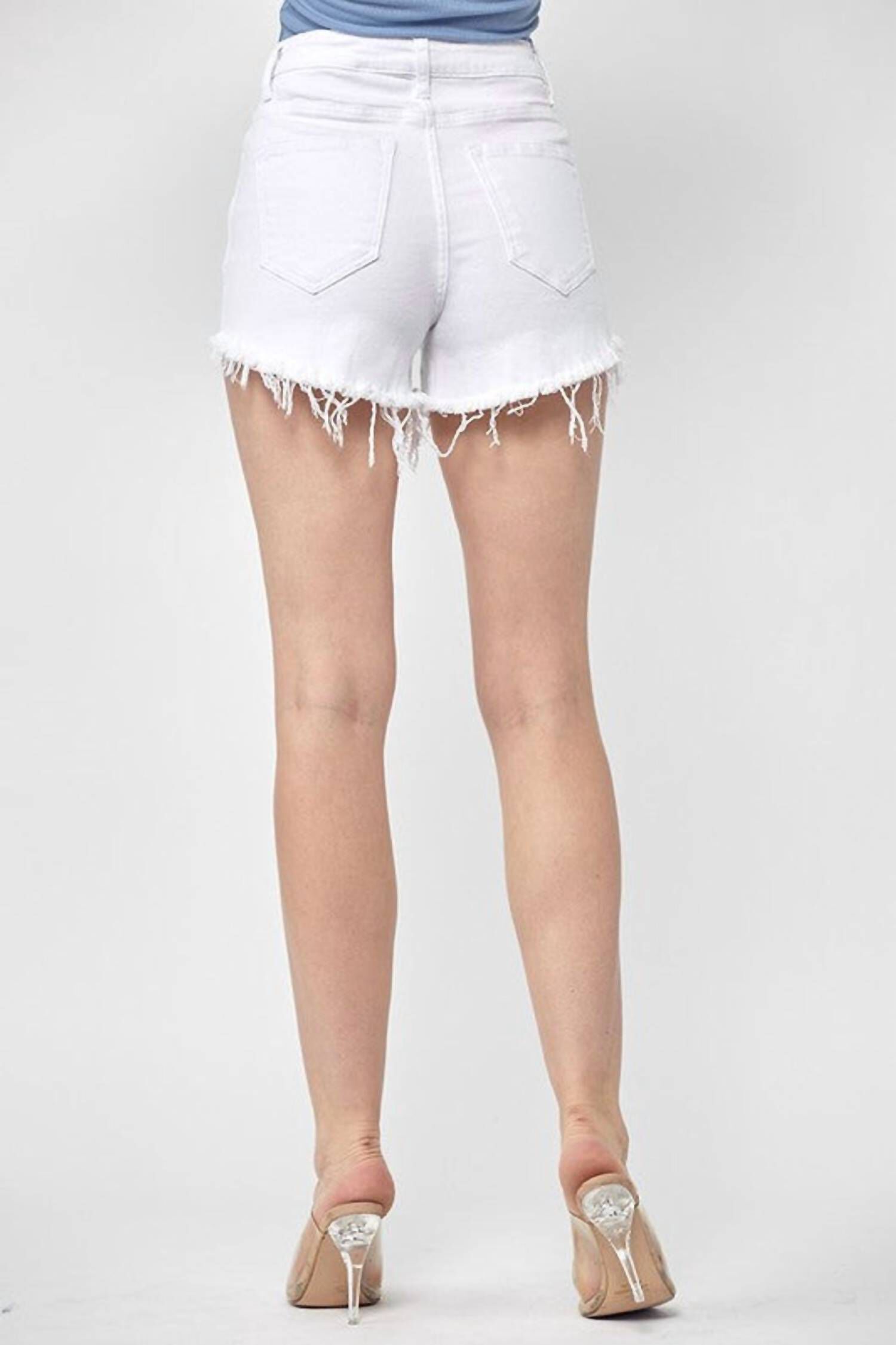 Denim High-Waisted Distressed Raw Hem Shorts In White, , alternate image number 3