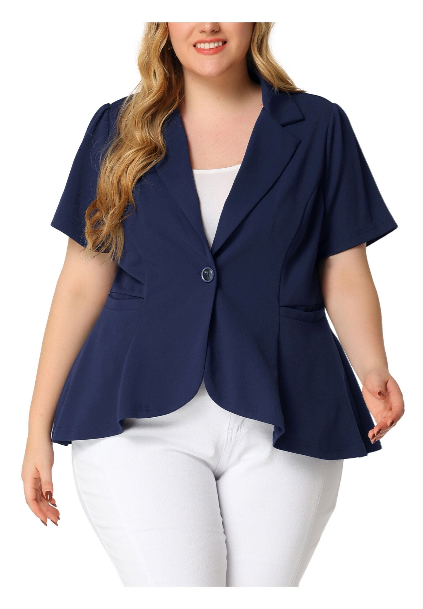 SHORT SLEEVE BUTTON BUSINESS SUIT BLAZER, Dark Blue / Navy, alternate image number 1