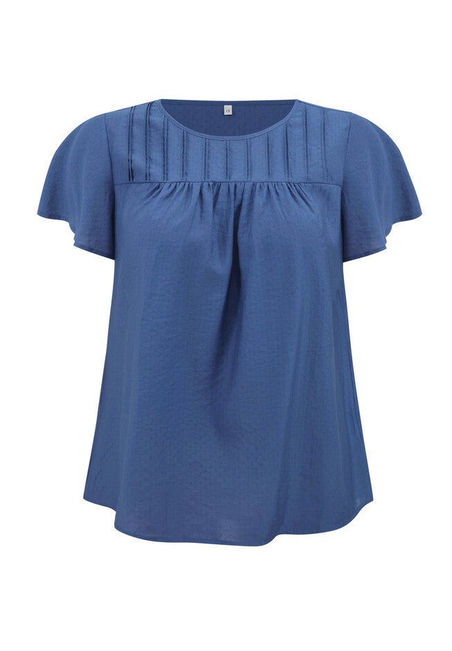 Summer Blouse Texture Ruffle Short Sleeve Toothpick Pleated Top, Dark Blue / Navy, alternate image number 3