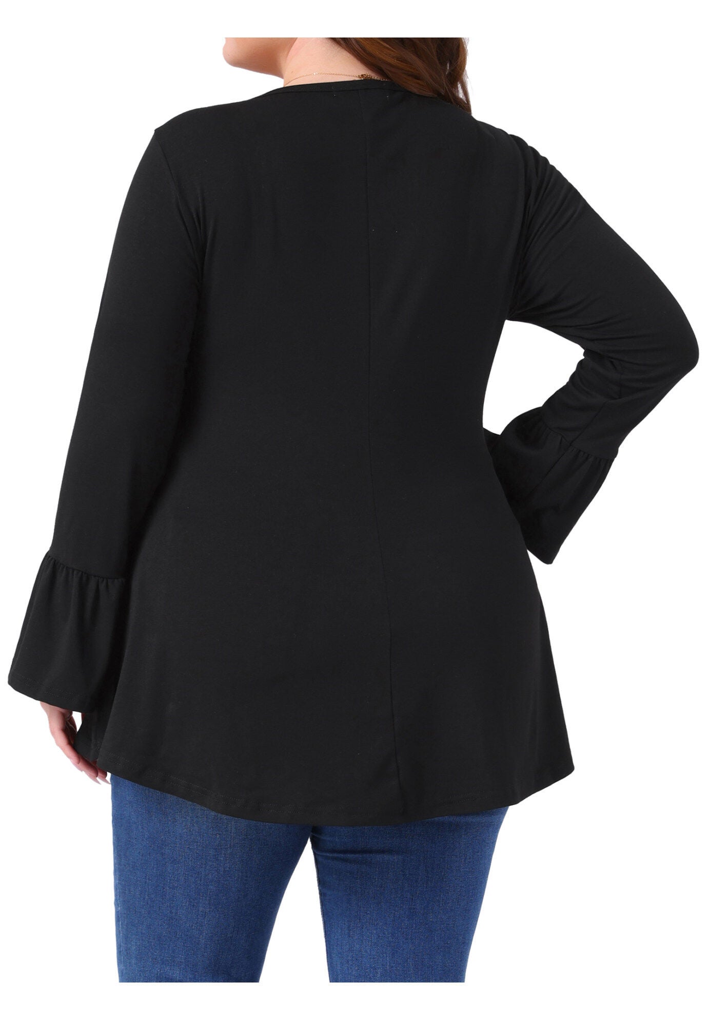 Crew Neck Bell Sleeve High Low Hem Blouses, Black / Black, alternate image number 3