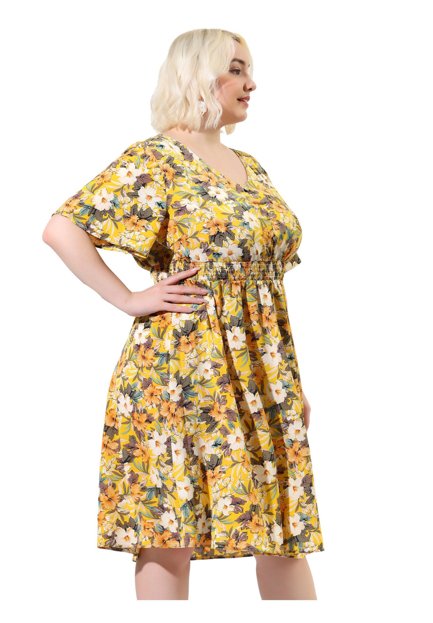 Summer Elastic Waist V Neck Short Sleeve Floral Midi Dress, Yellow / Yellow, alternate image number 3