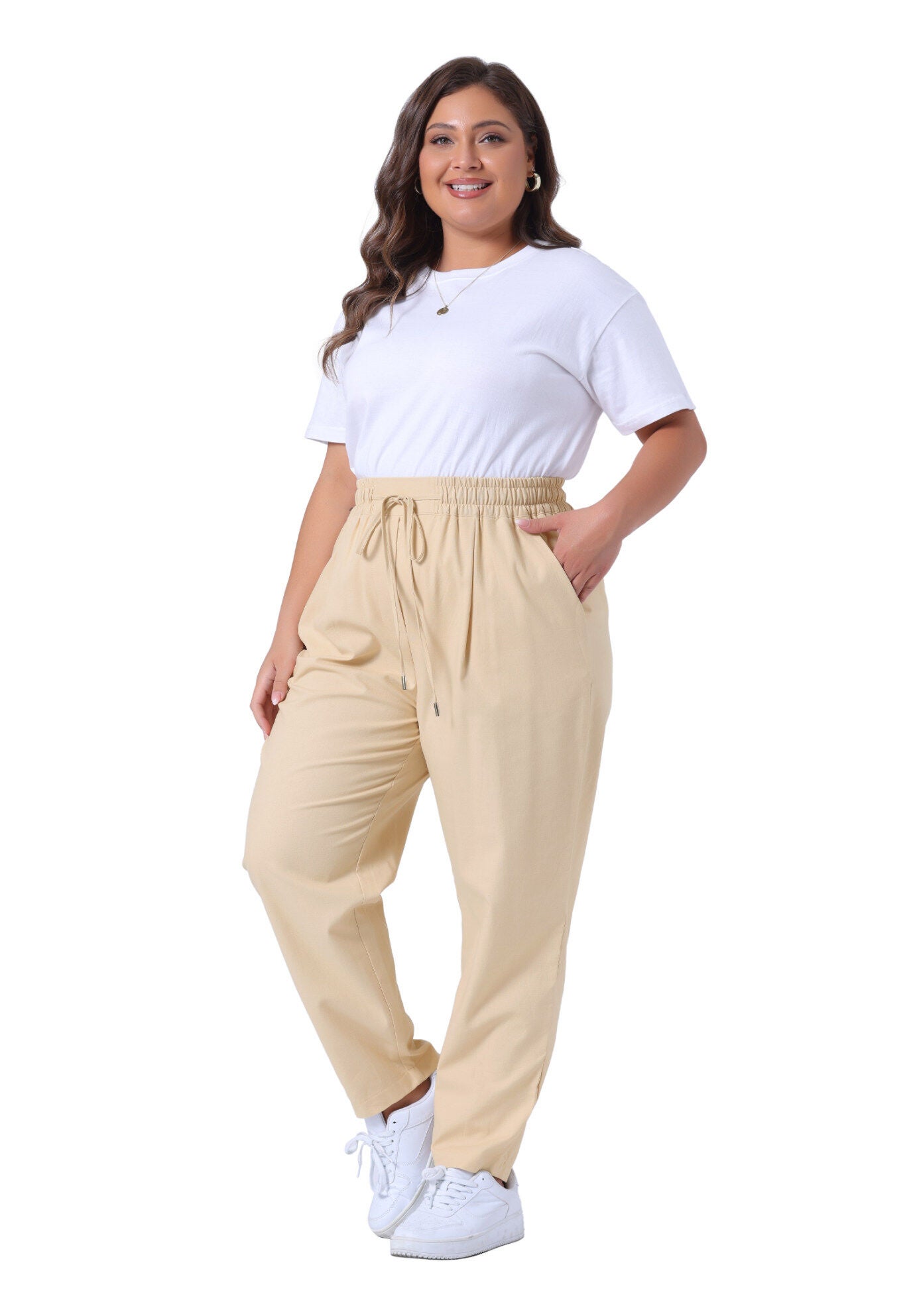 STRAIGHT LEG DRAWSTRING ELASTIC LOOSE TROUSERS, Light Khaki / Beige, hi-res image number 0