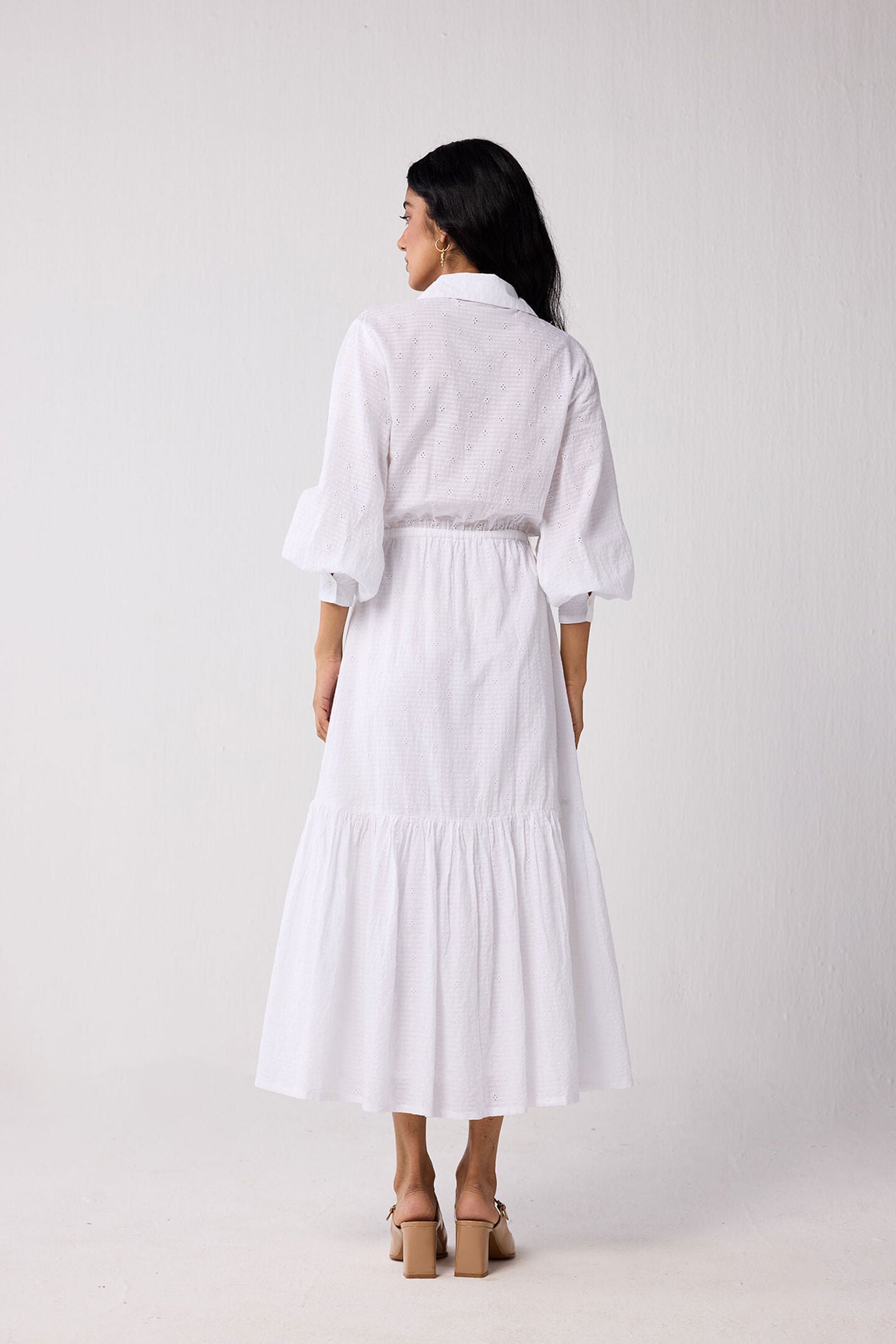 Embroidered Flowy Maxi Tiered Dress in White, Textured Eyelet in White / White, alternate image number 1