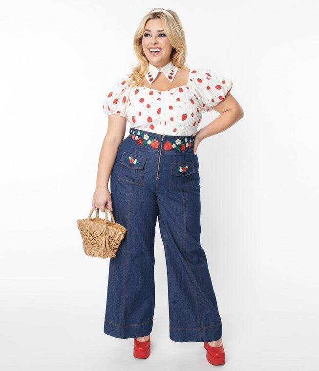 Smak Parlour Strawberry Blossom Embroidered Denim Wide Leg Pants, Dark Denim / Dark Wash, hi-res image number null