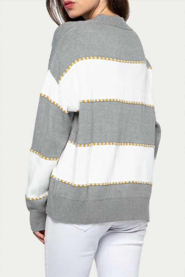 TWO-TONE STRIPED CREWNECK SWEATER IN HEATHER GREY, , alternate image number null