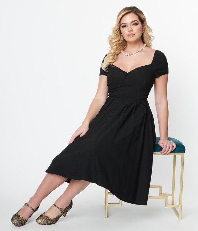 Unique Vintage Black Sweetheart Midge Swing Dress, Black / Black, alternate image number 1