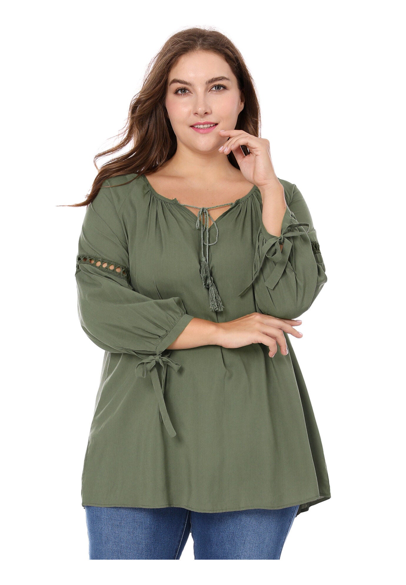 RAGLAN SLEEVES HOLLOW OUT TIE NECK PEASANT TOP, Green / Olive Green, alternate image number 1