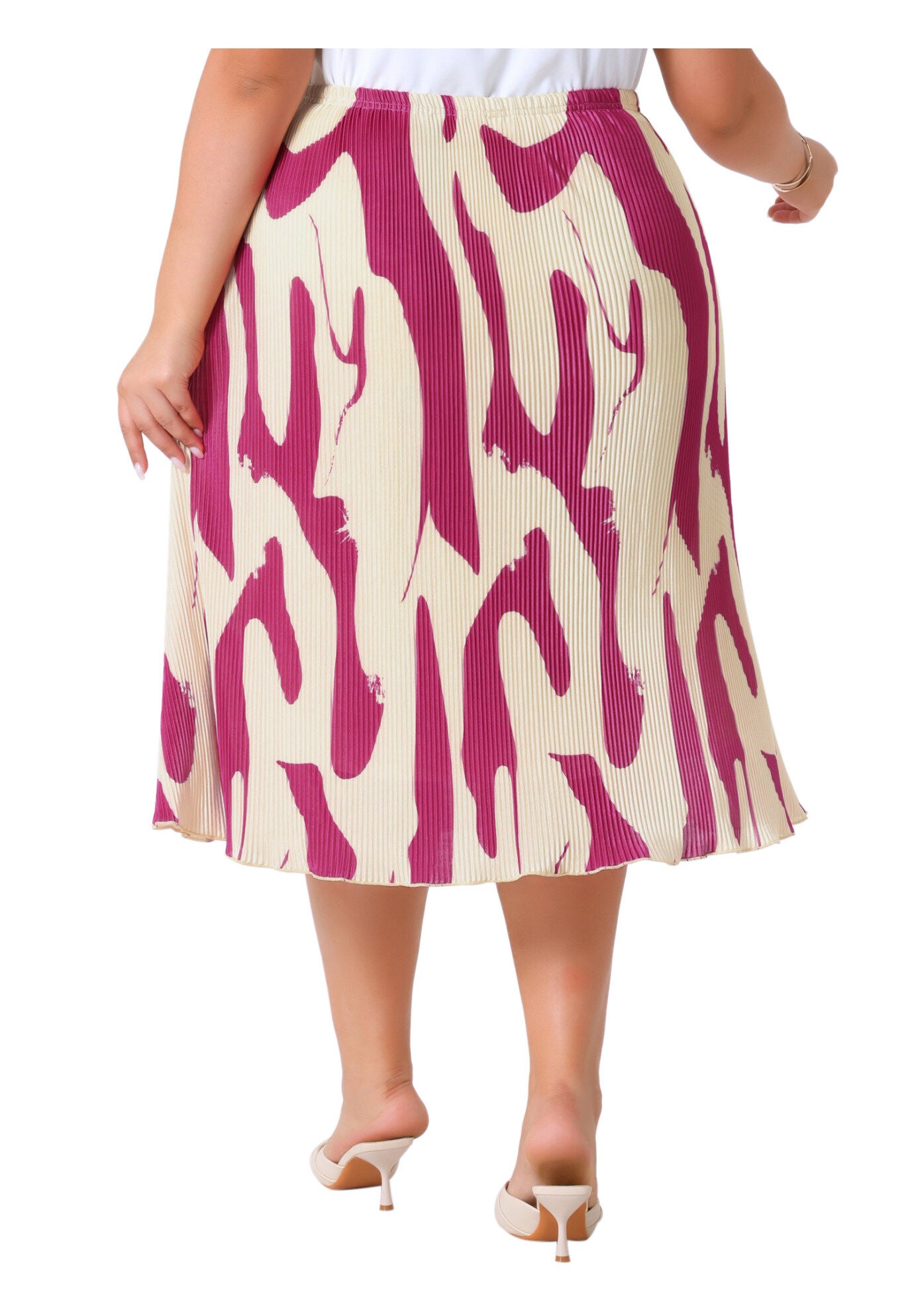Print Pleated High Waisted A-Line Midi Skirt, Hot Pink / Pink, alternate image number 3
