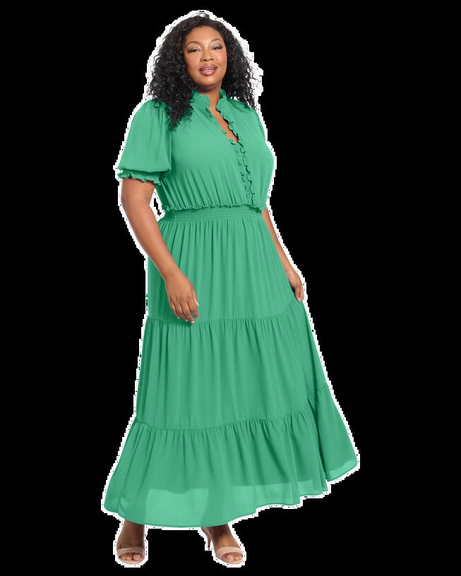 Maria Puff Sleeve Tiered Midi Dress, Jewel Green / Kelly Green, hi-res image number null
