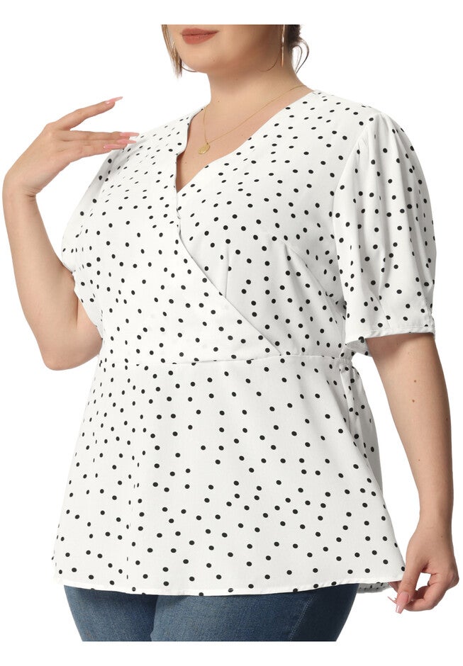 Summer V Neck Wrap Short Sleeve Polka Dots Peplum Top, White / White, alternate image number 1