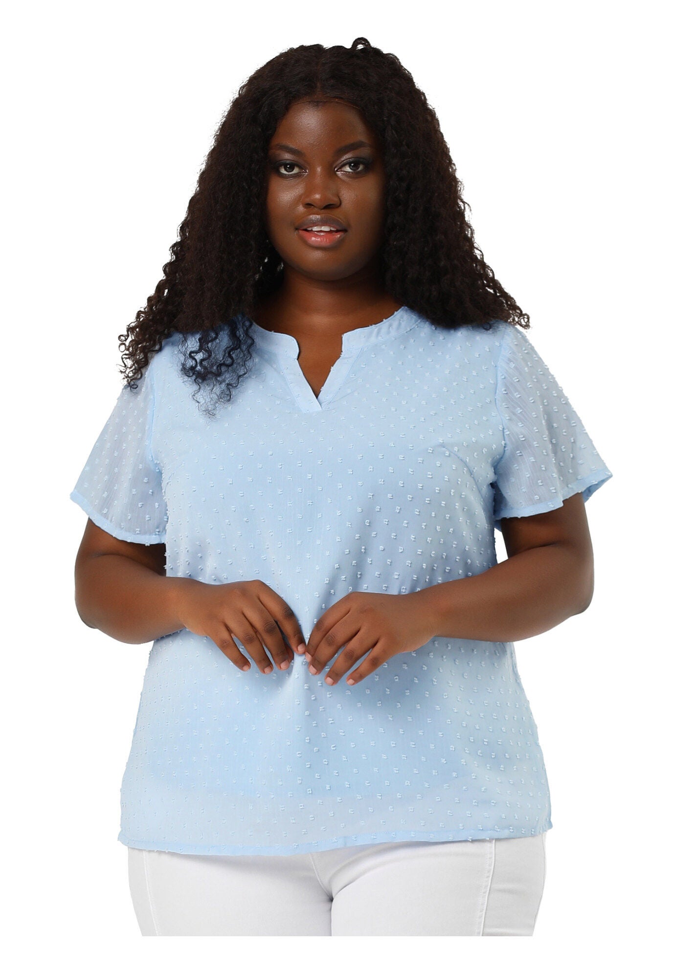 Swiss Dots Notched Neck Short Sleeve Basic Blouse, Blue / Dusty Blue, hi-res image number 0