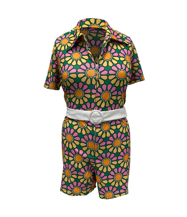 Smak Parlour Green & Pink Mod Daisy Belted Romper, Pink Green Floral / Kelly Green, hi-res image number 0