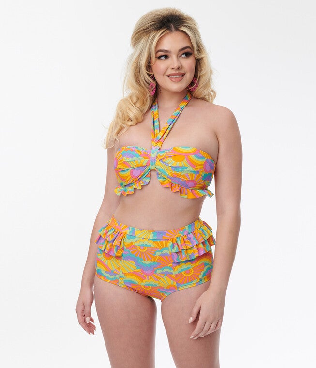 Unique Vintage Happy Groovy Rainbow Twist Front Halter Swim Top, Happy Groovy Rainbow / Yellow, alternate image number 2
