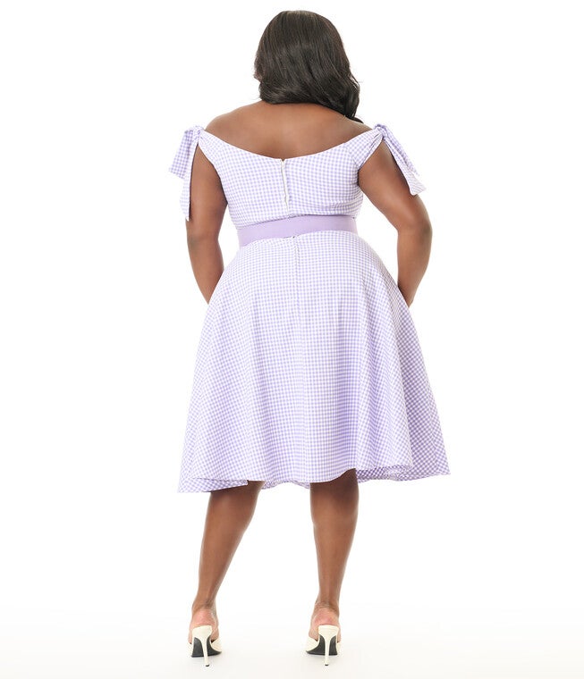 Unique Vintage Plus Size Lavender & White Gingham Off The Shoulder Swing Dress, Purple / Purple, alternate image number 1