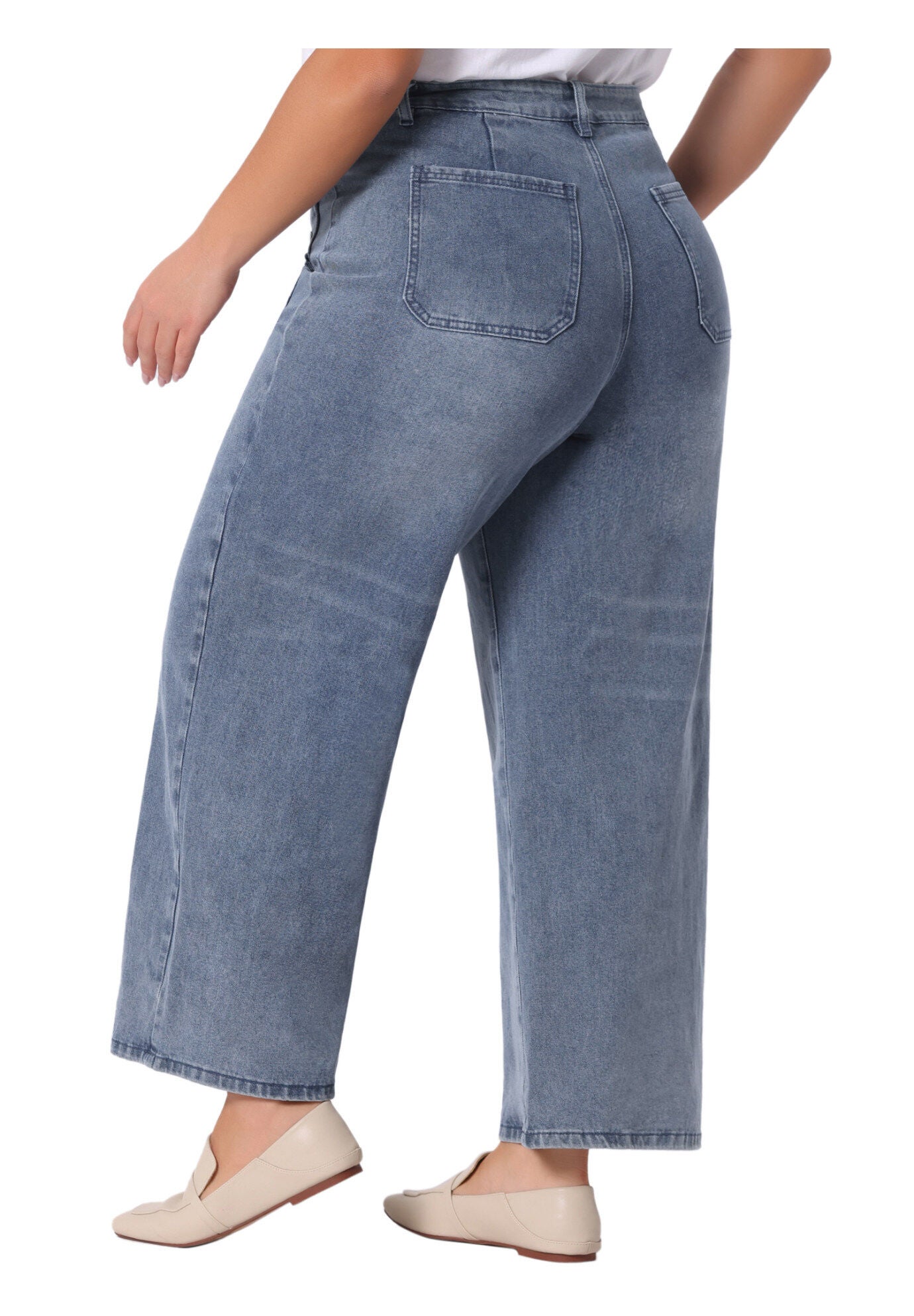 WIDE LEG WASHED STRETCHY PALAZZO PANTS DENIM JEANS, Grey Blue / Dusty Blue, alternate image number 3