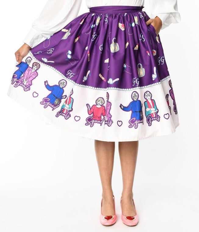 The Golden Girls x Unique Vintage Purple Character Border Gellar Swing Skirt, Purple Golden Girls Print / Purple, alternate image number null