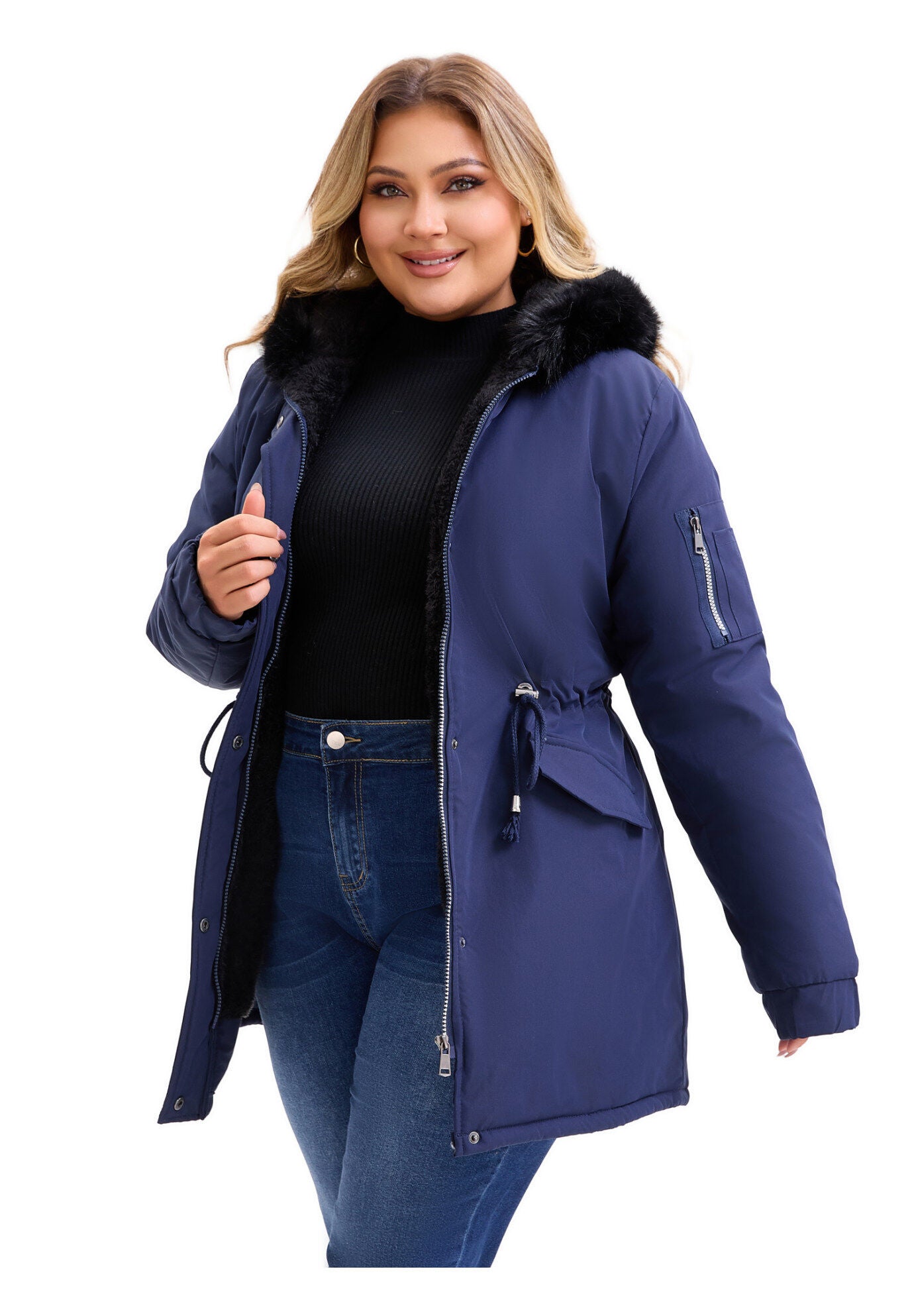 Drawstring Waist Fleece Winter Coat with Pockets, Navy Blue / Navy, alternate image number 1
