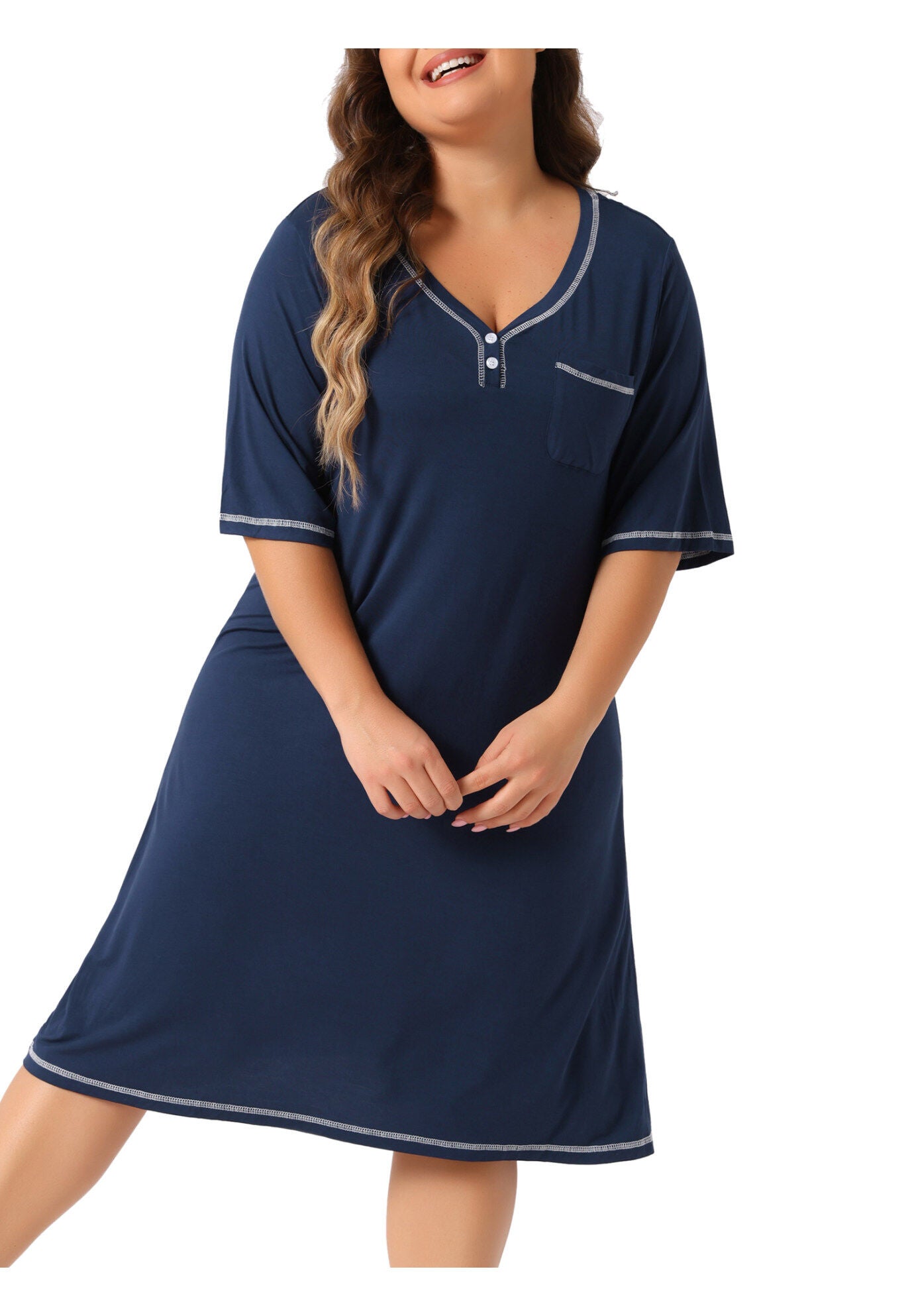Short Sleeve V Neck Loose Sleepdress, Navy Blue / Navy, alternate image number 2