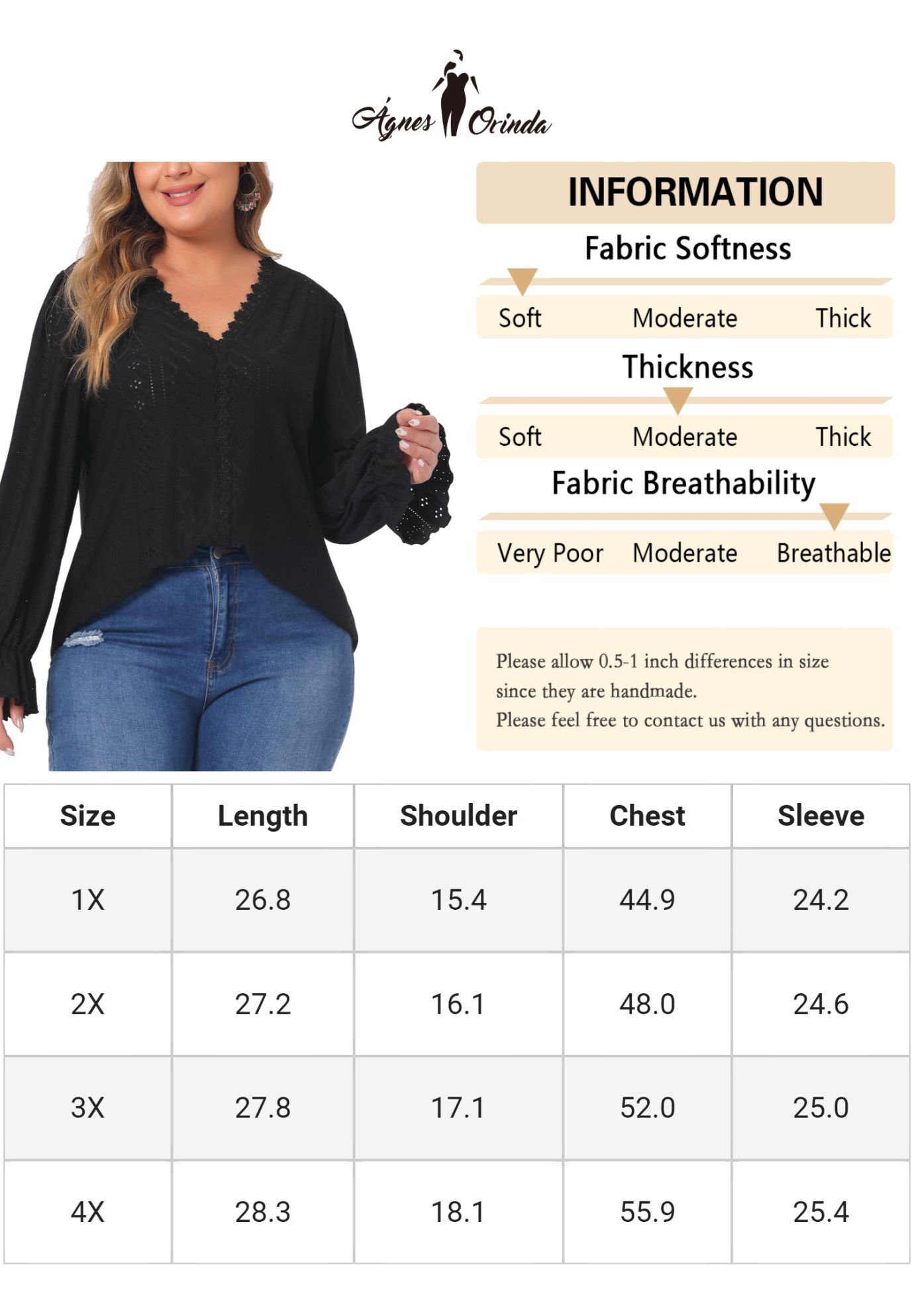 V Neck Ruffle Eyelet Lace Crochet Hollow Blouse, Black / Black, alternate image number 4