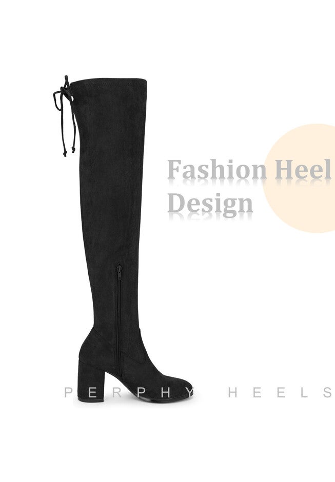 Round Toe Chunky Heel Over the Knee Boots, Black / Black, alternate image number 2