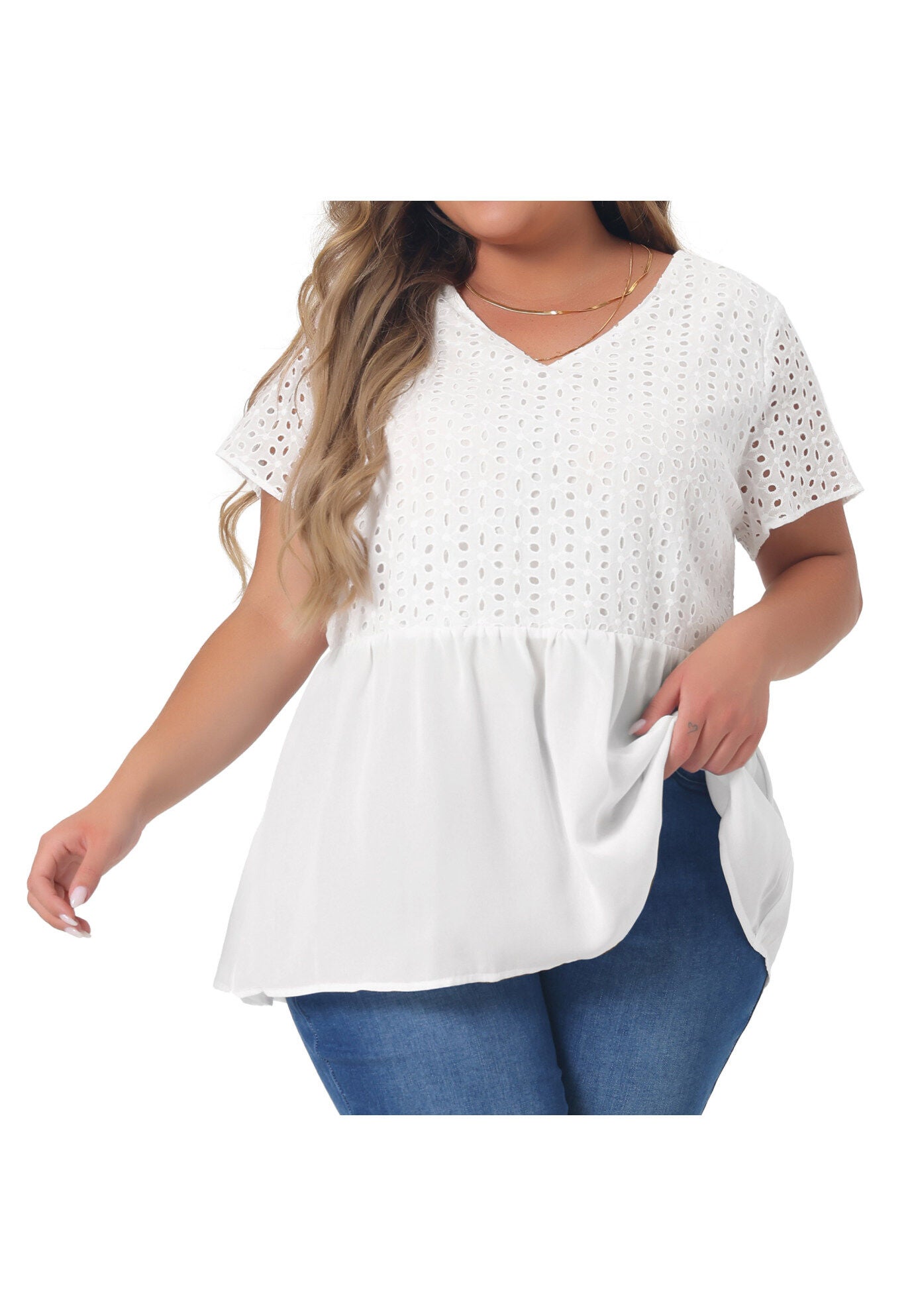 PEPLUM BLOUSE SUMMER SHORT SLEEVES V NECK BABYDOLL TOP, White / White, alternate image number 2