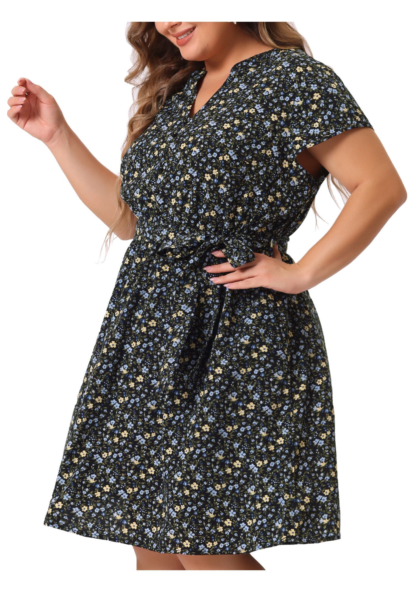 V Neck Belted Summer Floral Dress, Black Blue / Navy, alternate image number 1