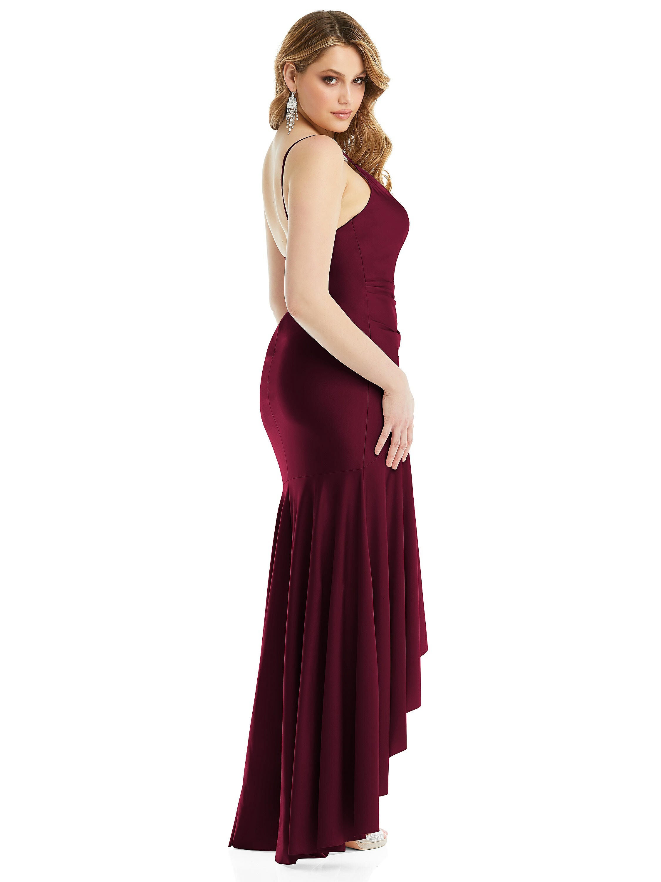 Pleated Wrap Ruffled High Low Stretch Satin Gown with Slight Train, Cabernet / New Wine, alternate image number 3