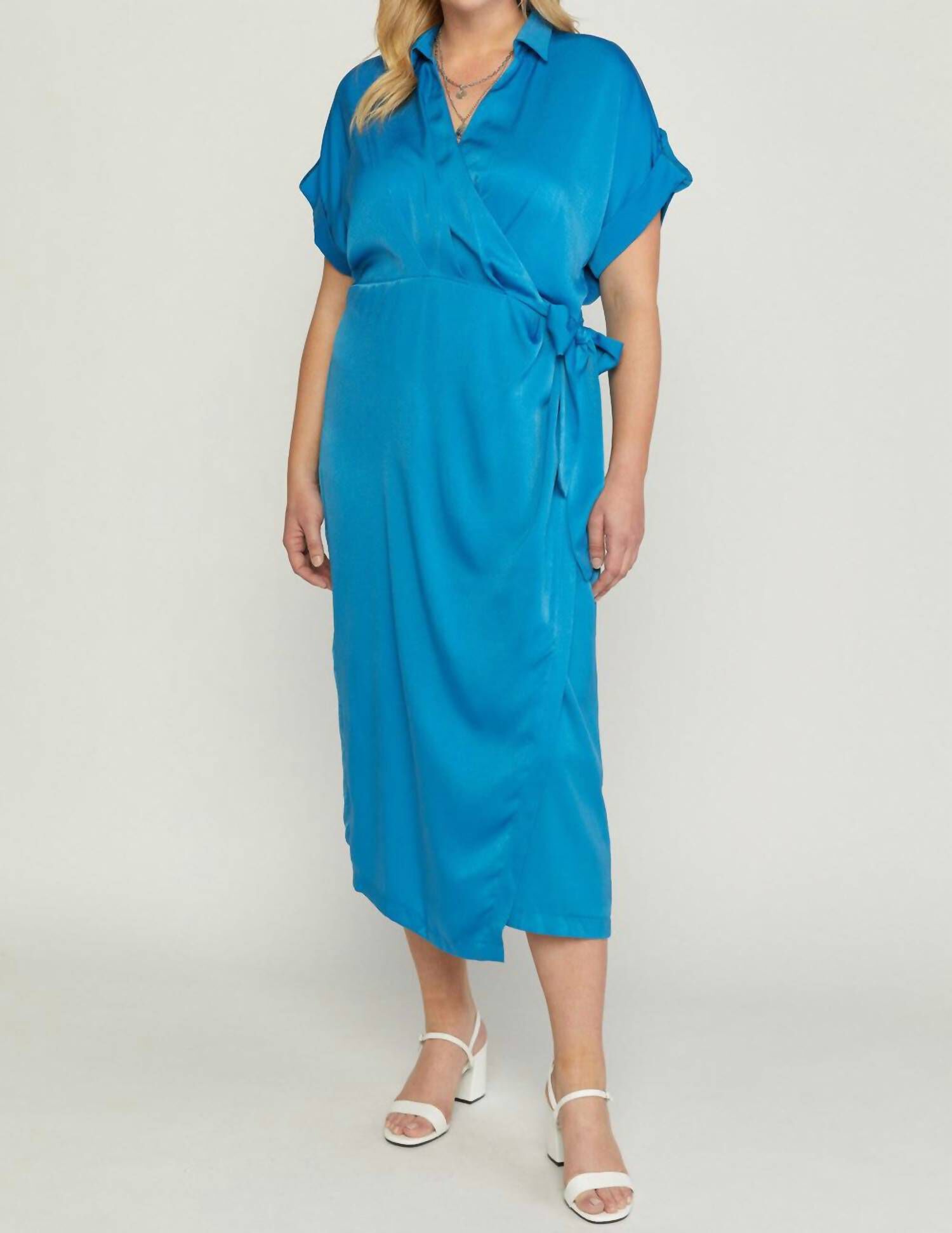 SATIN WRAP DRESS IN ROYAL BLUE, , alternate image number 5