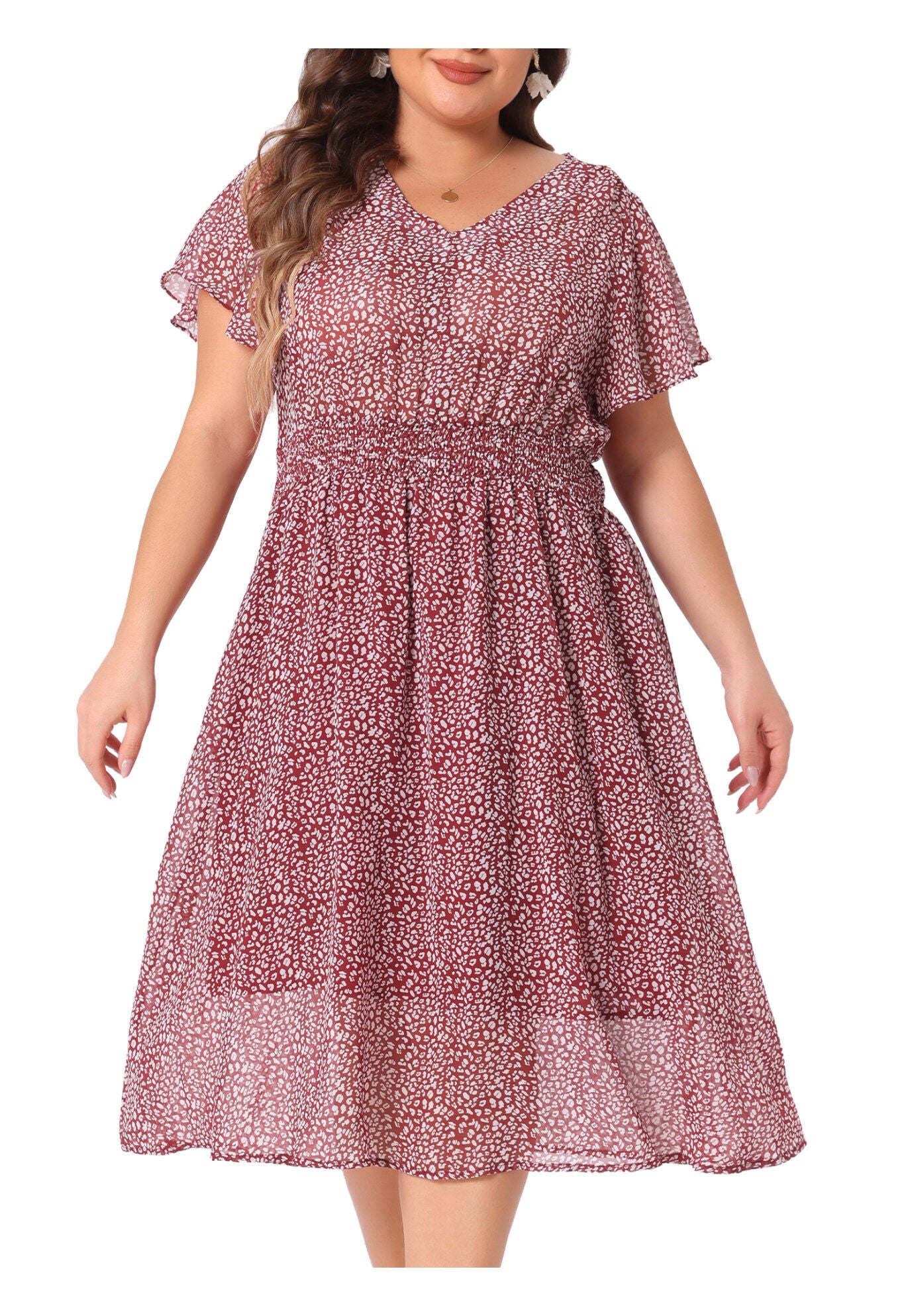 Summer Floral Print V Neck Smocked A-Line Flowy Midi Dress, Burgundy / Red, alternate image number 1