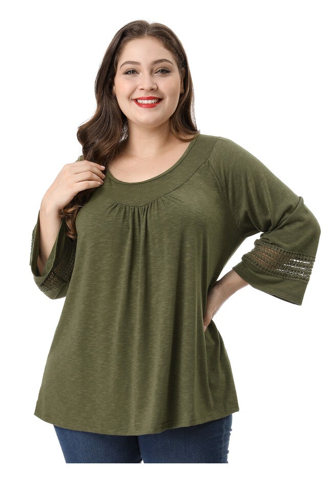CROCHET PANEL HOLLOW OUT PLEATED TUNICS BLOUSE TOP, Green / Olive Green, alternate image number 1