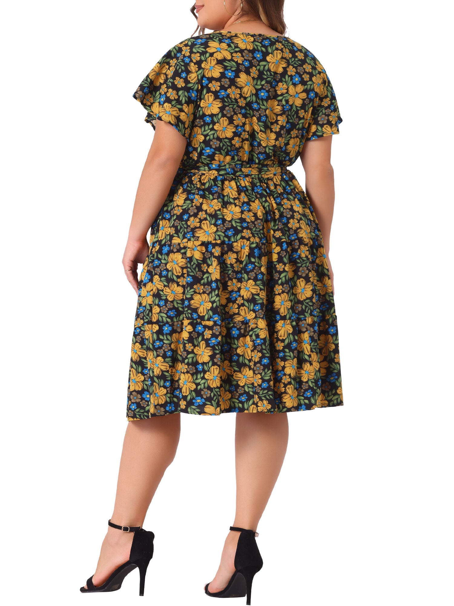 Floral Printed V Neck Summer Midi Flared Dress, Black / Black, alternate image number 3