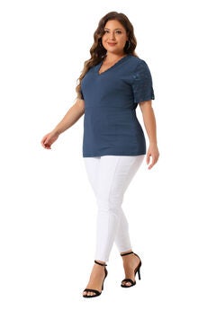 V Neck Short Sleeve Lace Ribbed Knit Tunic Top