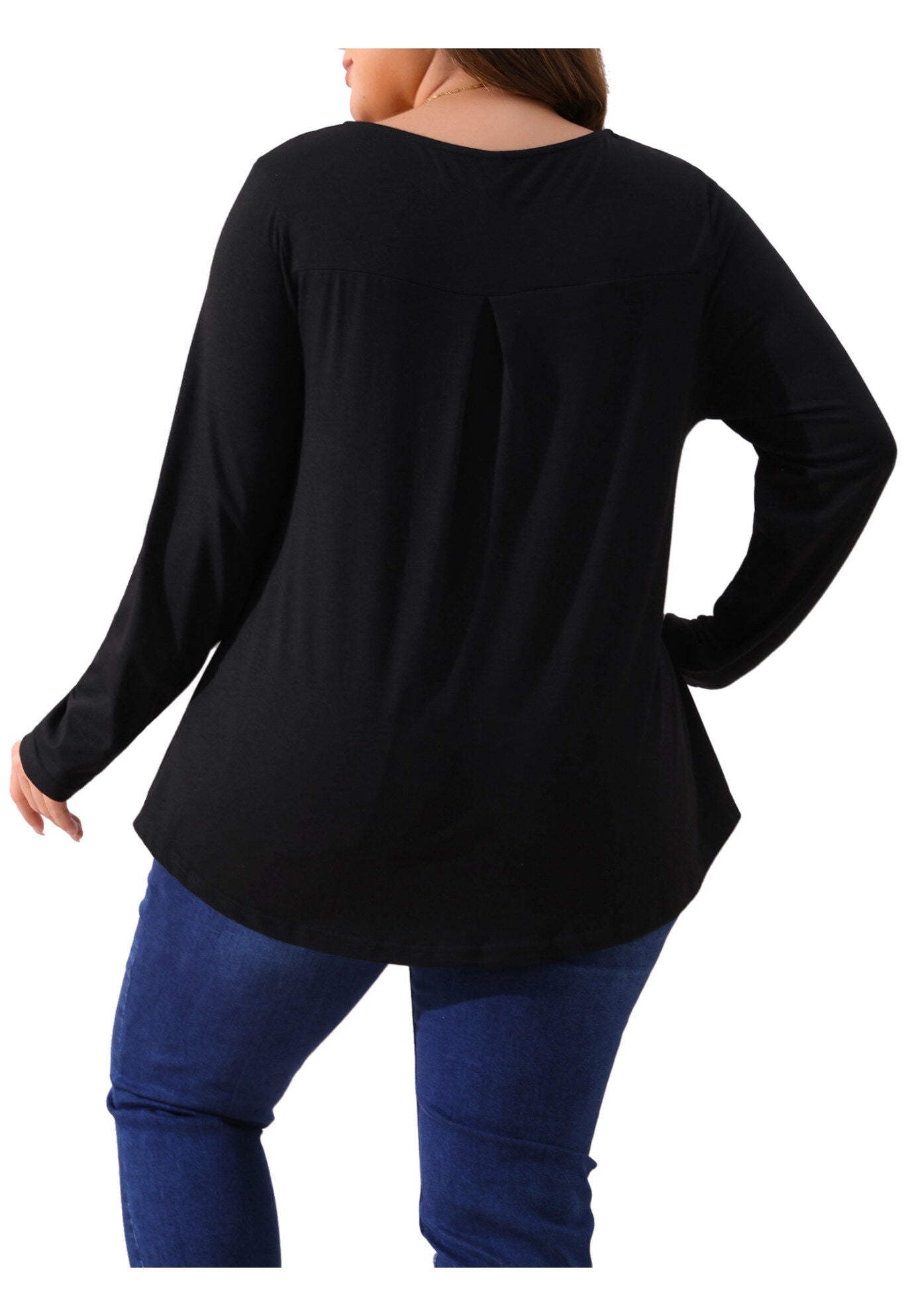 Notched Neck Long Sleeve Front Pleated Blouse, Black / Black, alternate image number 3
