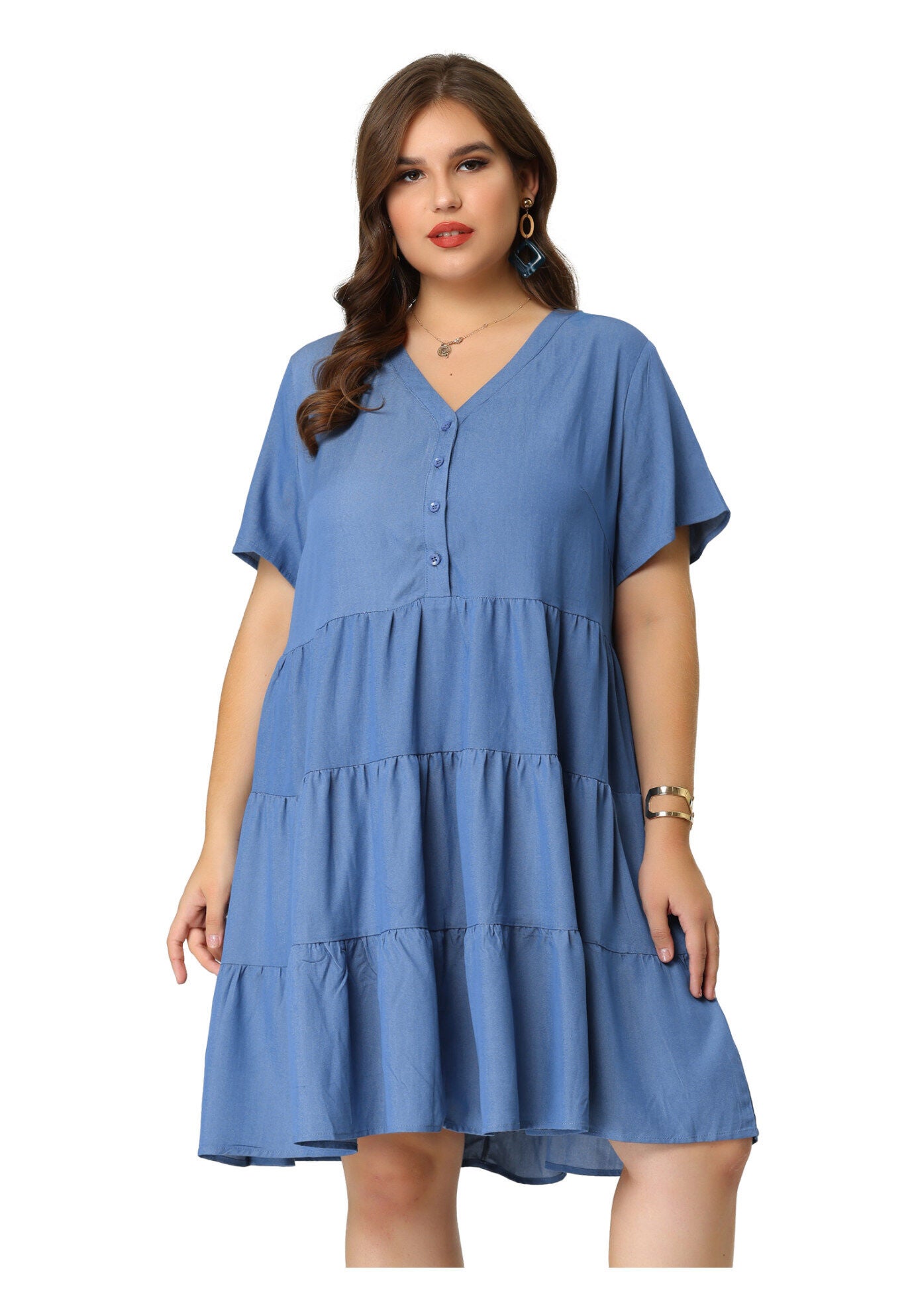 Button Down V Neck Knee Length Tiered Chambray Dress, Blue / Light Green, alternate image number 3
