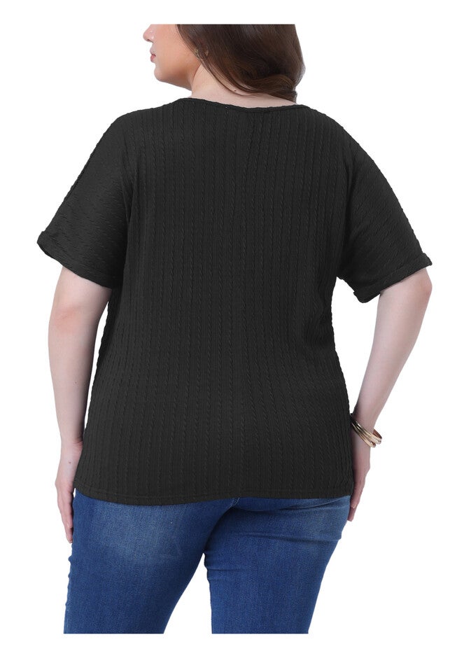 Textured Rolled Short Sleeve Crew Neck T-Shirts Blouses, Black / Black, alternate image number 3