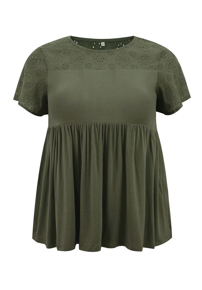 Eyelet Embroidery Short Sleeve Blouse Babydoll Tunic, Army Green / Olive Green, alternate image number 3
