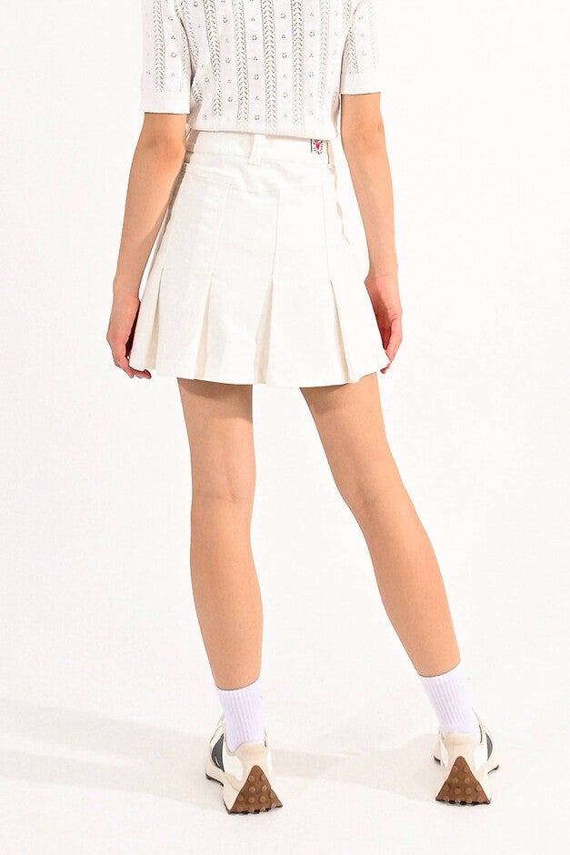 PLEATED DENIM TENNIS SKIRT IN WHITE, White / White, alternate image number null