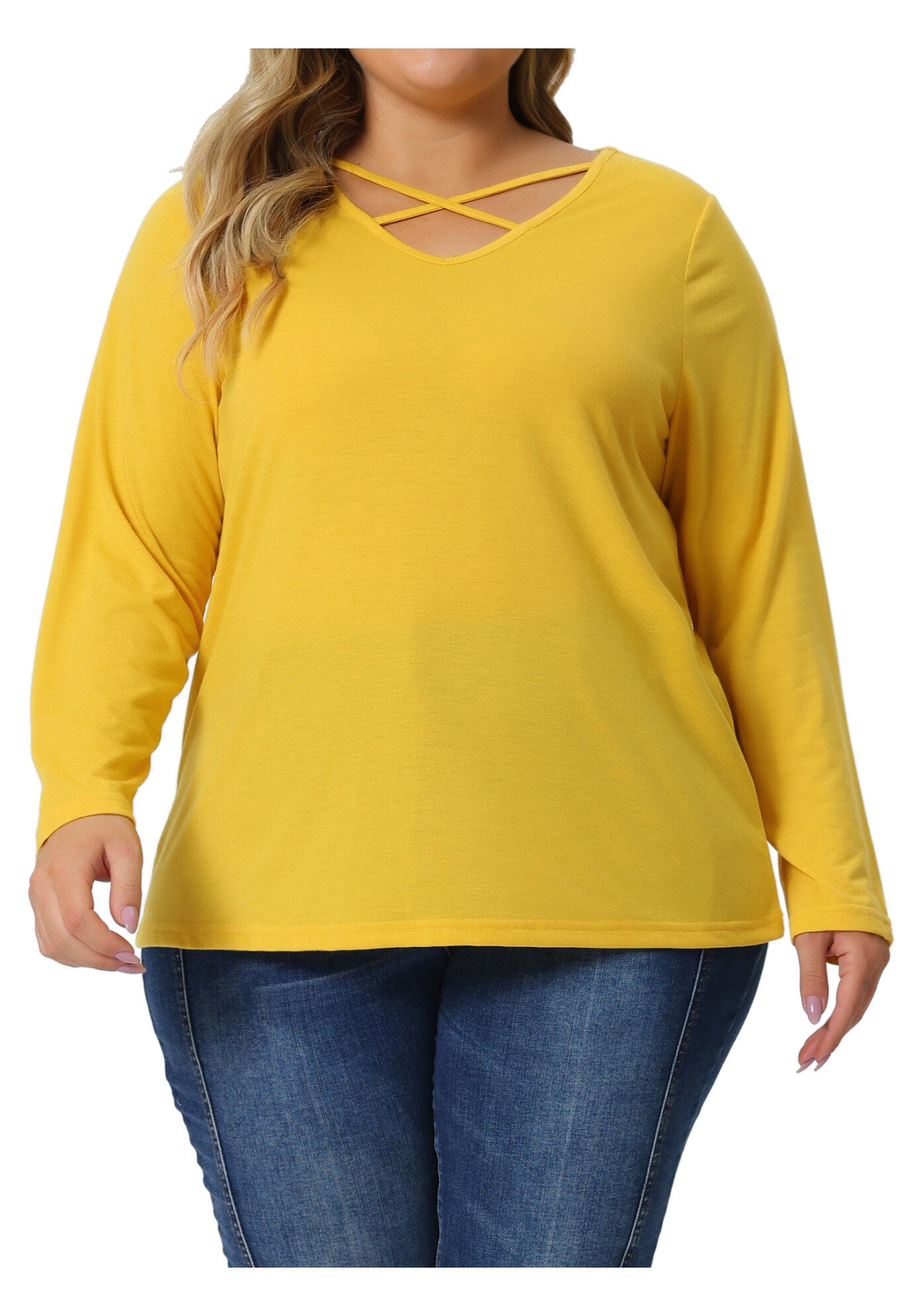 CROSS V NECK LONG SLEEVES T-SHIRT TOP, Yellow / Yellow, alternate image number 2