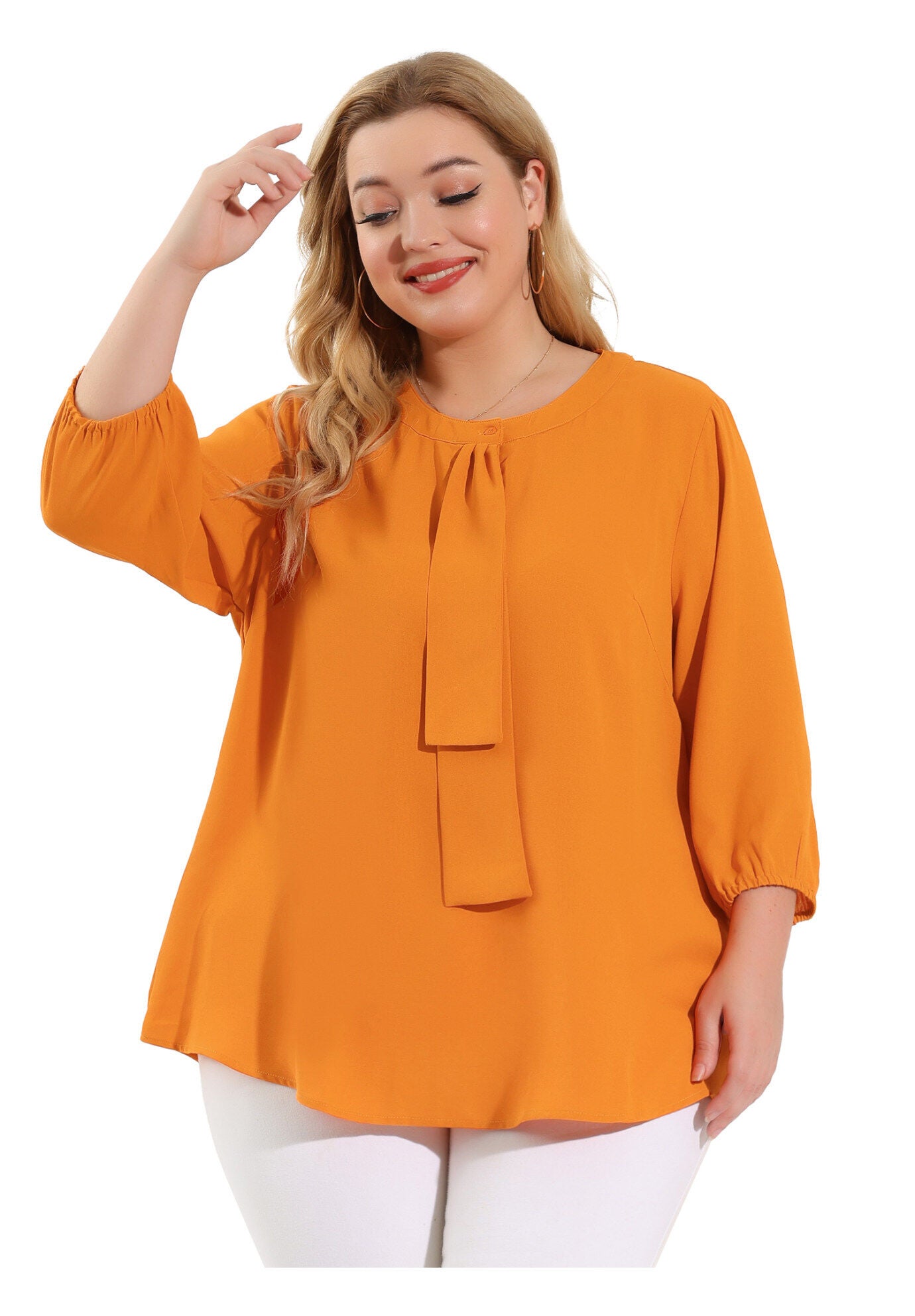 Work Round Neck Ruffle Chiffon Blouse Top, Orange / Orange, alternate image number 2