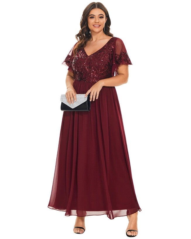 V-Neck Short Sleeve Sequin Bodice Mother of the Bride Dress, Burgundy / Burgundy, alternate image number null