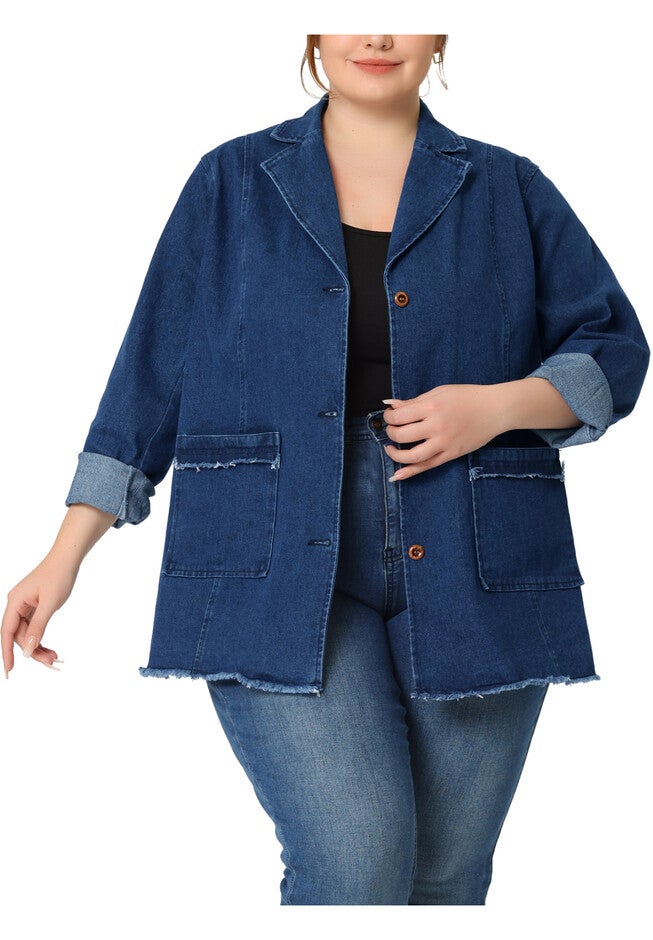 Notched Lapel Button Raw Hem Denim Blazer Jacket, Dark Blue / Chambray Denim Medium, alternate image number 2
