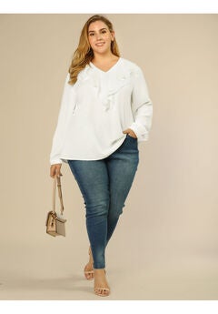 RUFFLE BLOUSE CHIFFON V NECK LONG SLEEVE SHIRT TOP