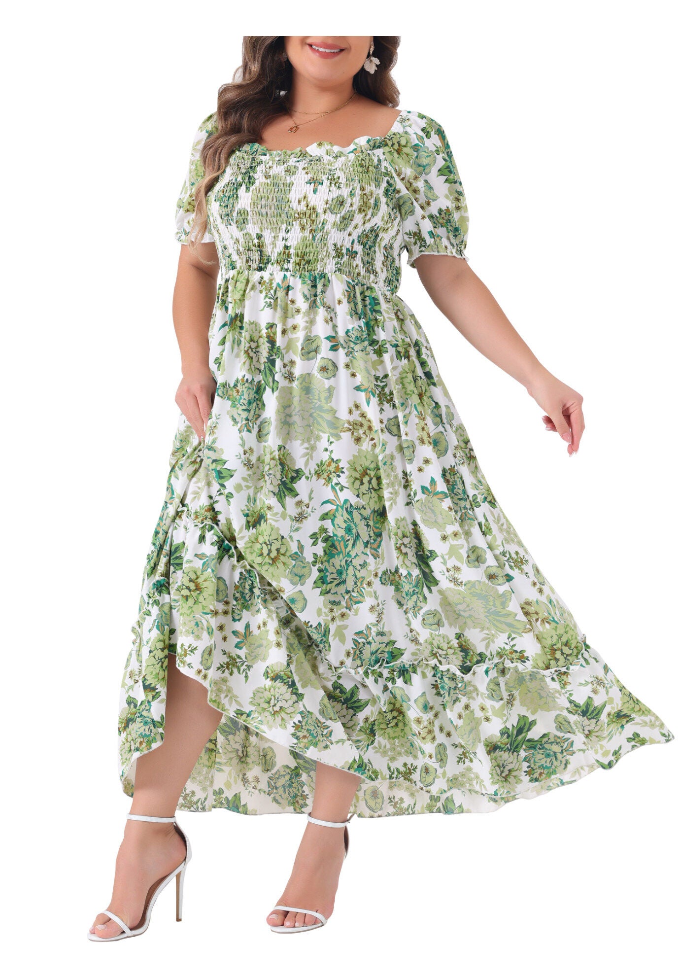 Short Sleeve Shirred Square Neck Floral Maxi Dress, Green / Sage Green, alternate image number 2