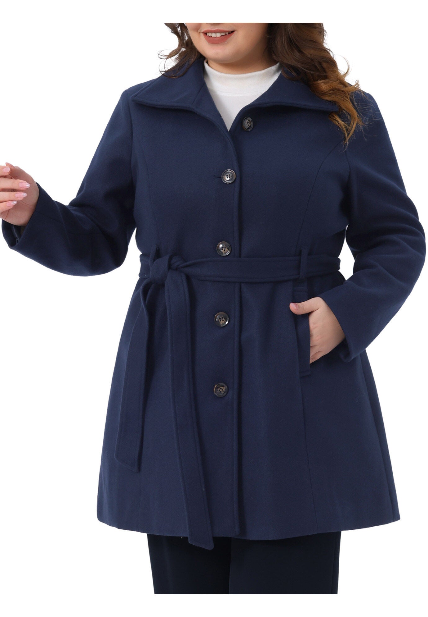 Single Breasted Overcoat Pockets Winter Outerwear with Belt, Navy Blue / Navy, alternate image number 1