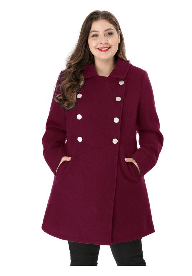A-Line Peter Pan Collar Double Breasted Peacoat, Burgundy / Burgundy, alternate image number 1