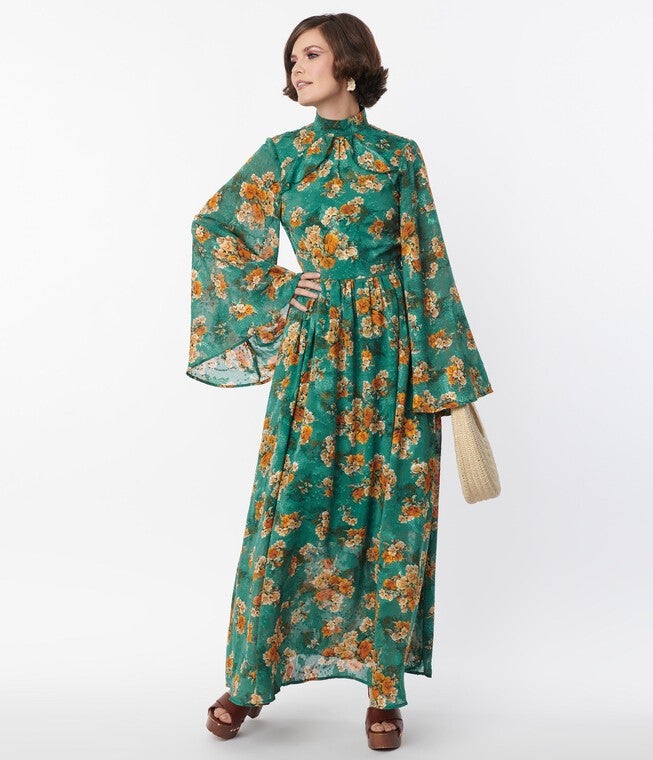 Unique Vintage Green & Orange Floral Bell Sleeve Maxi Dress, Green Orange Floral / Forest Green, alternate image number null