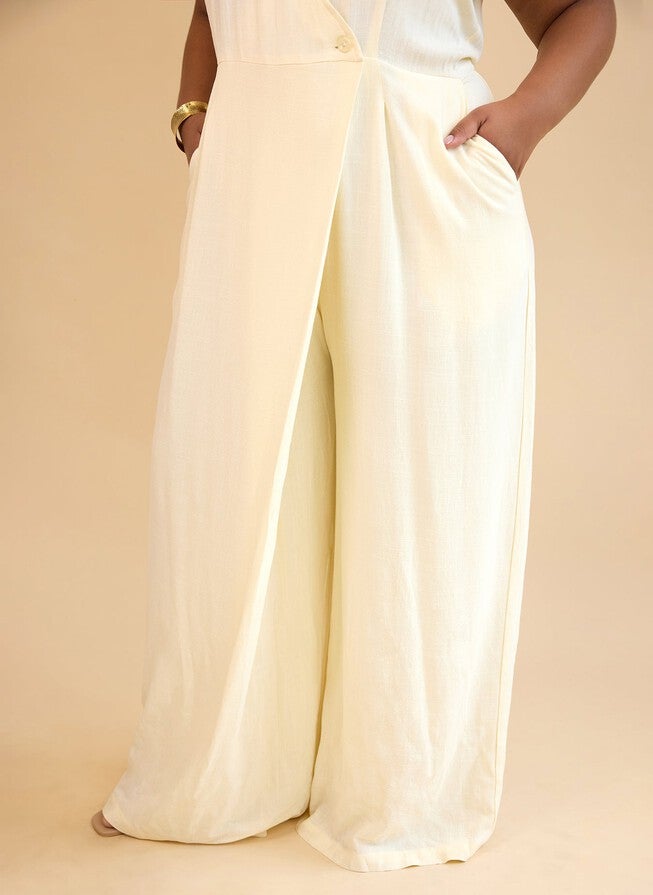 ALIA LINEN WRAP OVERLAY WIDE LEG JUMPSUIT - IVORY, Beige / Beige, alternate image number 2