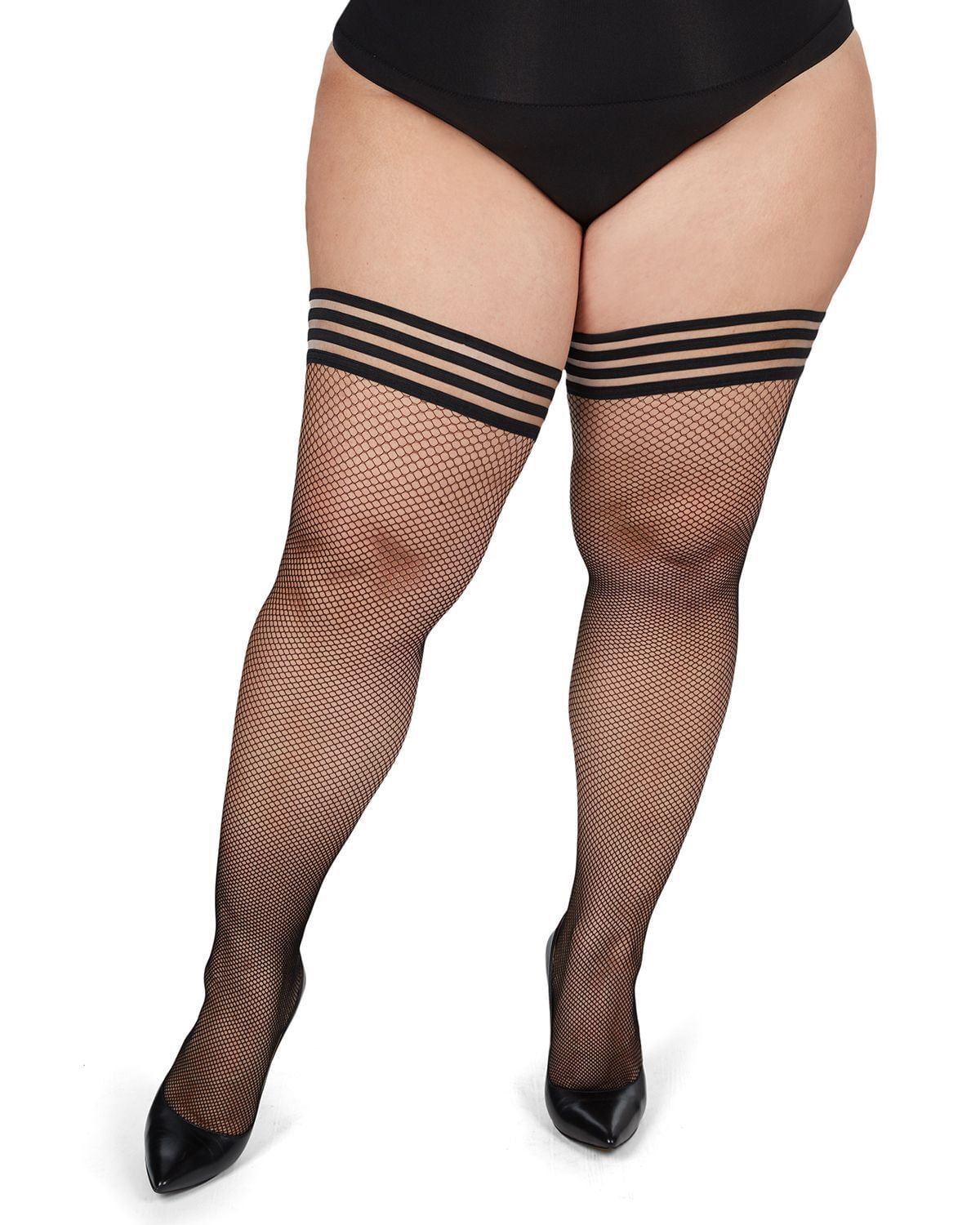 Plus Size Curvy Backseam Fishnet Thigh High Stocking, BlackBlack / Black, alternate image number 2