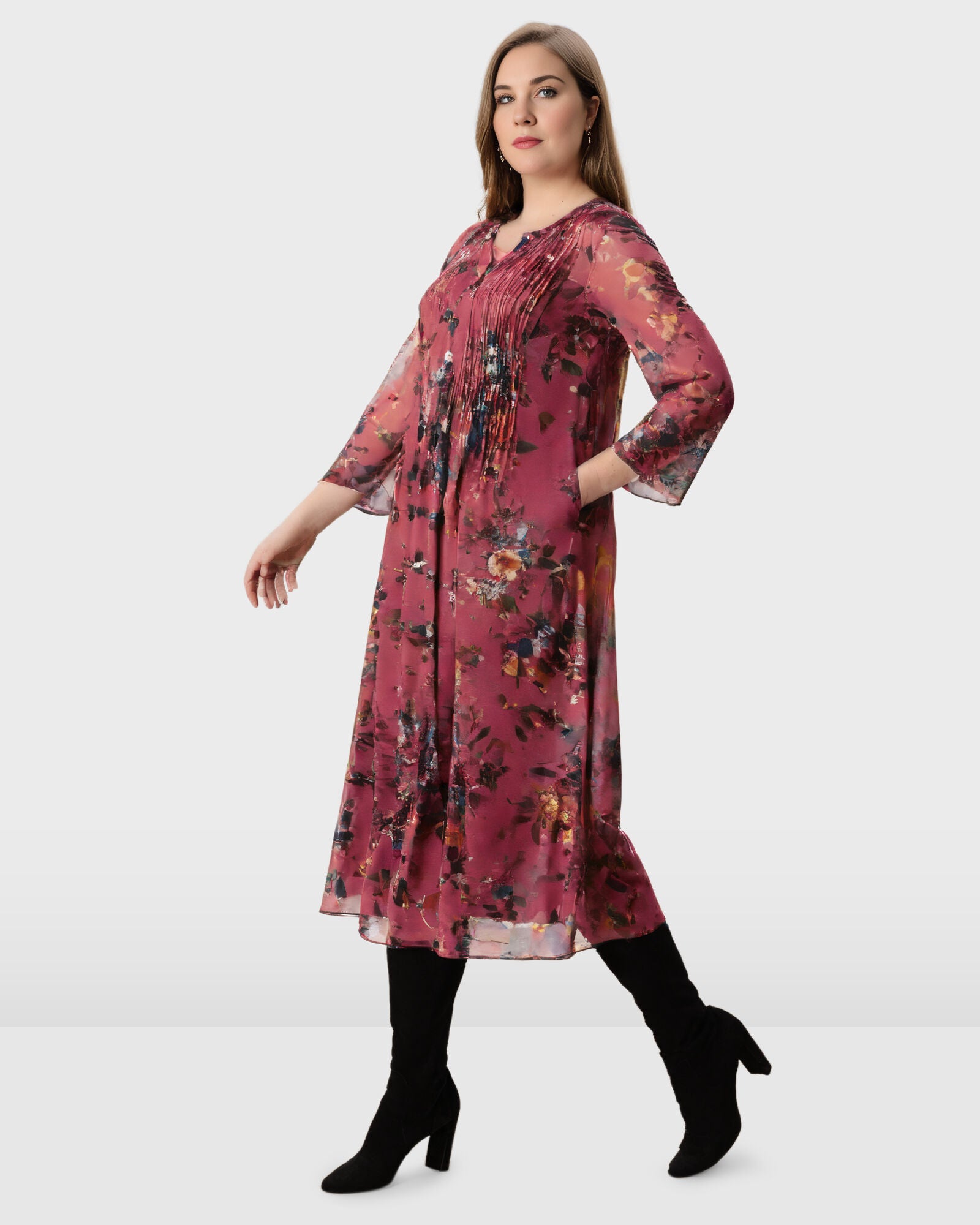 Pintuck pleat floral print georgette shirtdress, , alternate image number 3
