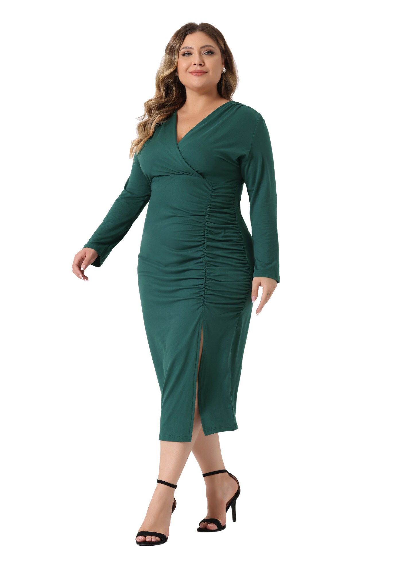 Long Sleeve Deep V Neck Ruched Slit Wedding Cocktail Bodycon Dress, Dark Green / Forest Green, hi-res image number 0